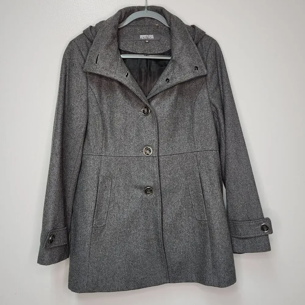 Womens Kenneth Cole Reaction Wool Coat size 14 Removable Hood